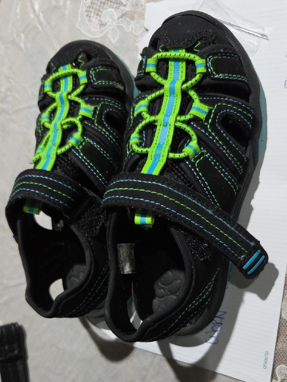 wonder nation Black Sandals with Neon Green and Blue Trim